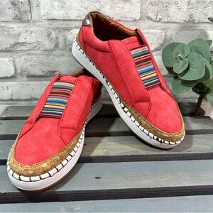 NWOT Women’s Coral Red Slip-On Casual Sneakers with Multicolor Stripes